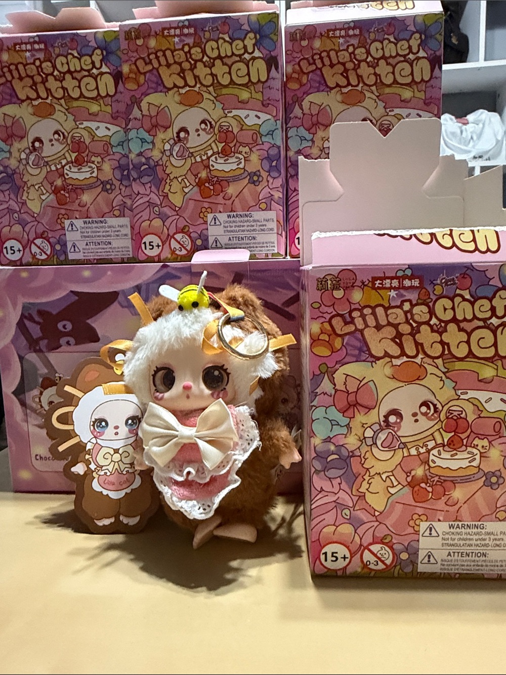 Lil' Chef Kitten Plush Keychain - White & Brown with Pink Bow